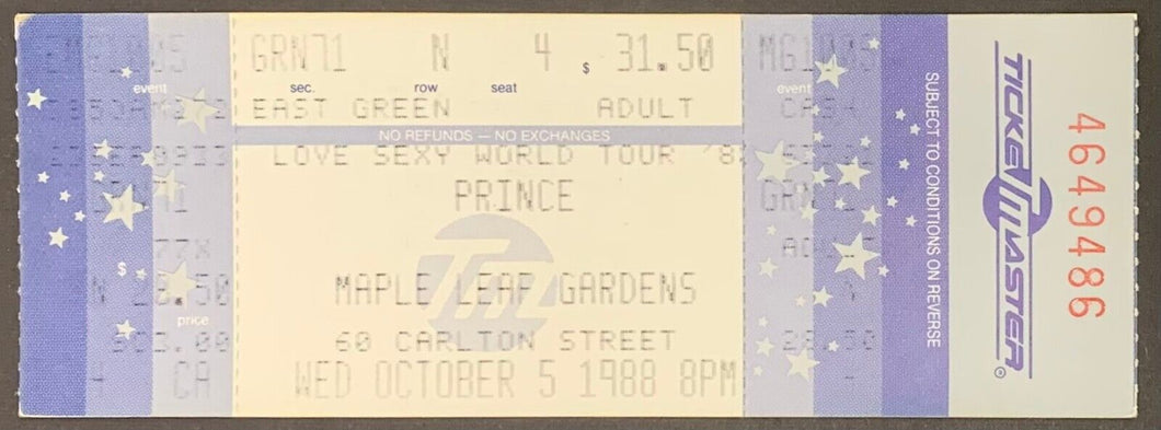 1988 Prince Full Unused Concert Ticket Maple Leaf Gardens Love Sexy World Tour