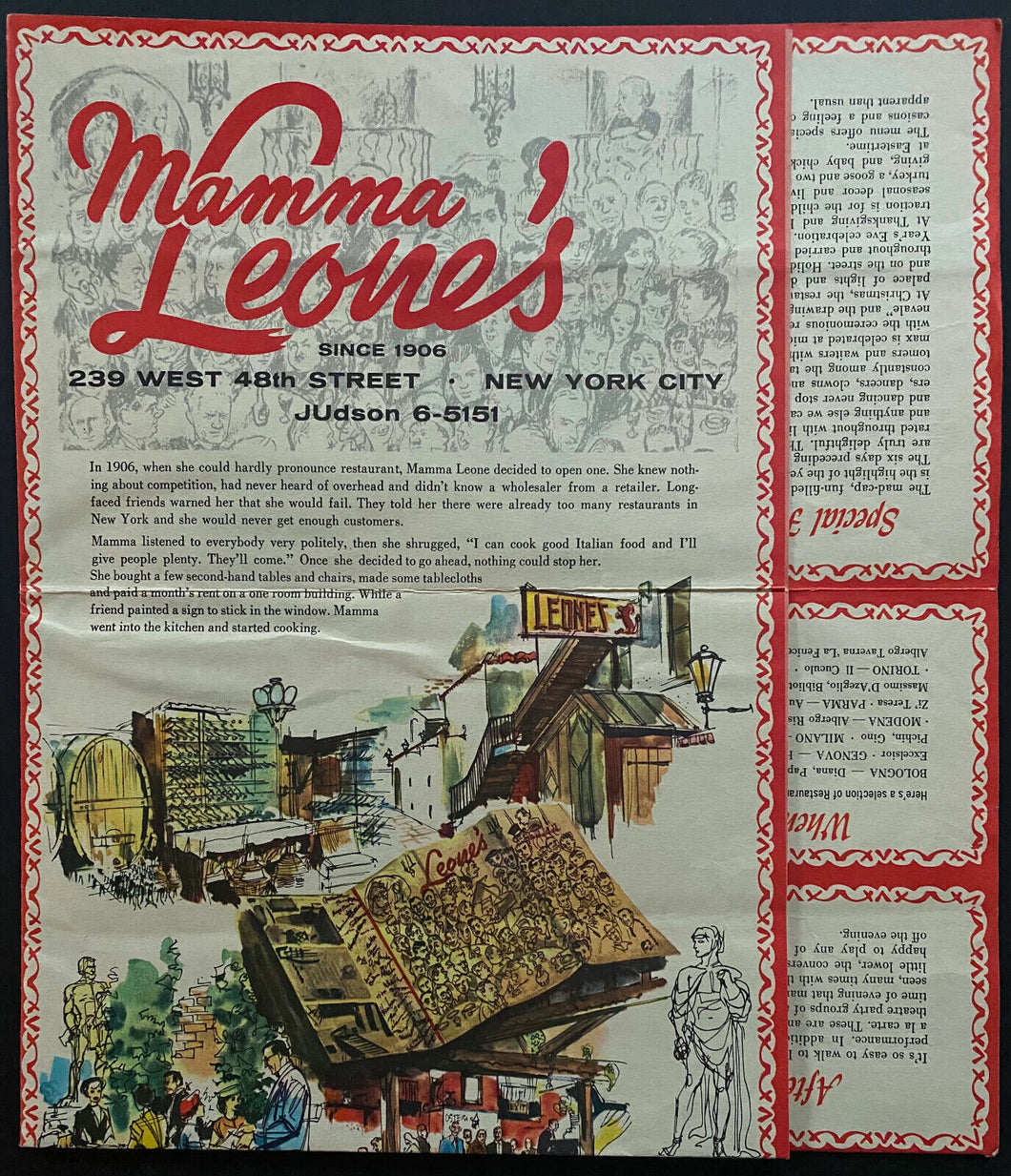1969 New York City Restaurant Mamma Leone's Foldout Menu West 48 Street