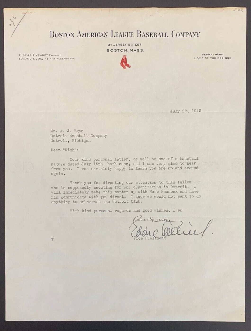 Eddie Collins Autographed Signed Typed Letter 1943 Boston Red Sox MLB HOFer JSA