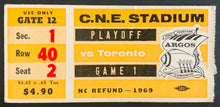 Load image into Gallery viewer, 1969 CFL Football Playoff Ticket CNE Stadium Argos vs Hamilton Tiger Cats
