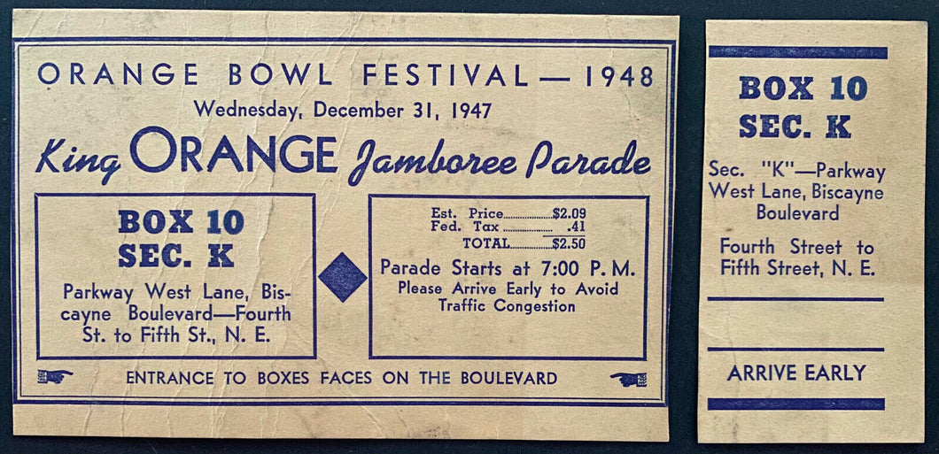 1947 Orange Bowl Parade Box Seat Full Ticket King Orange Jamboree Parade