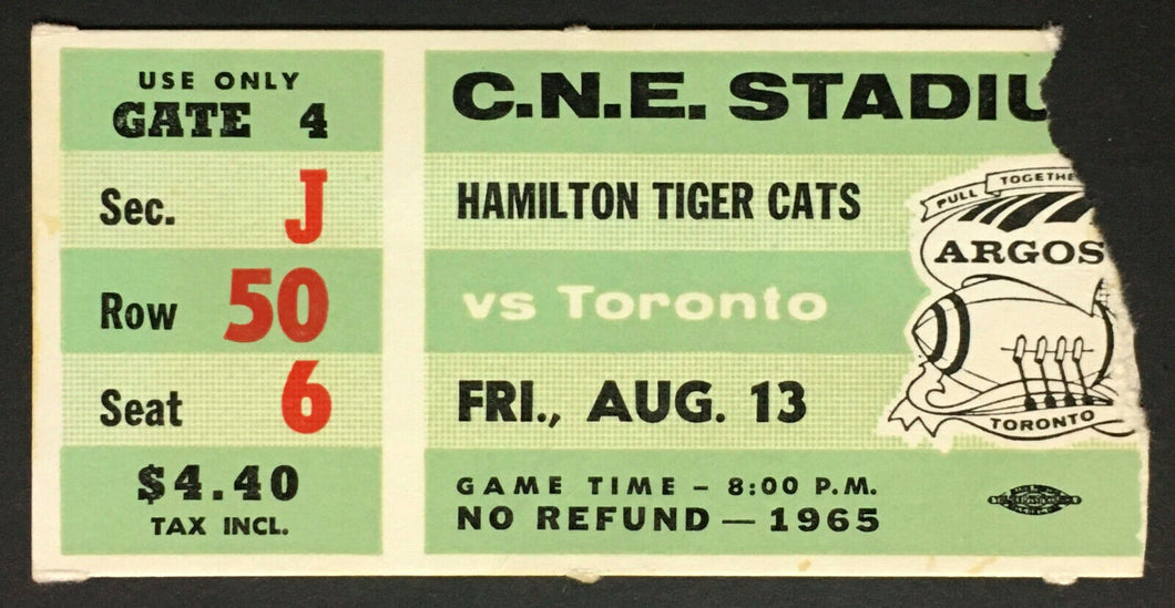 1965 CFL Football Ticket CNE Stadium Toronto Argonauts vs Hamilton Tiger Cats