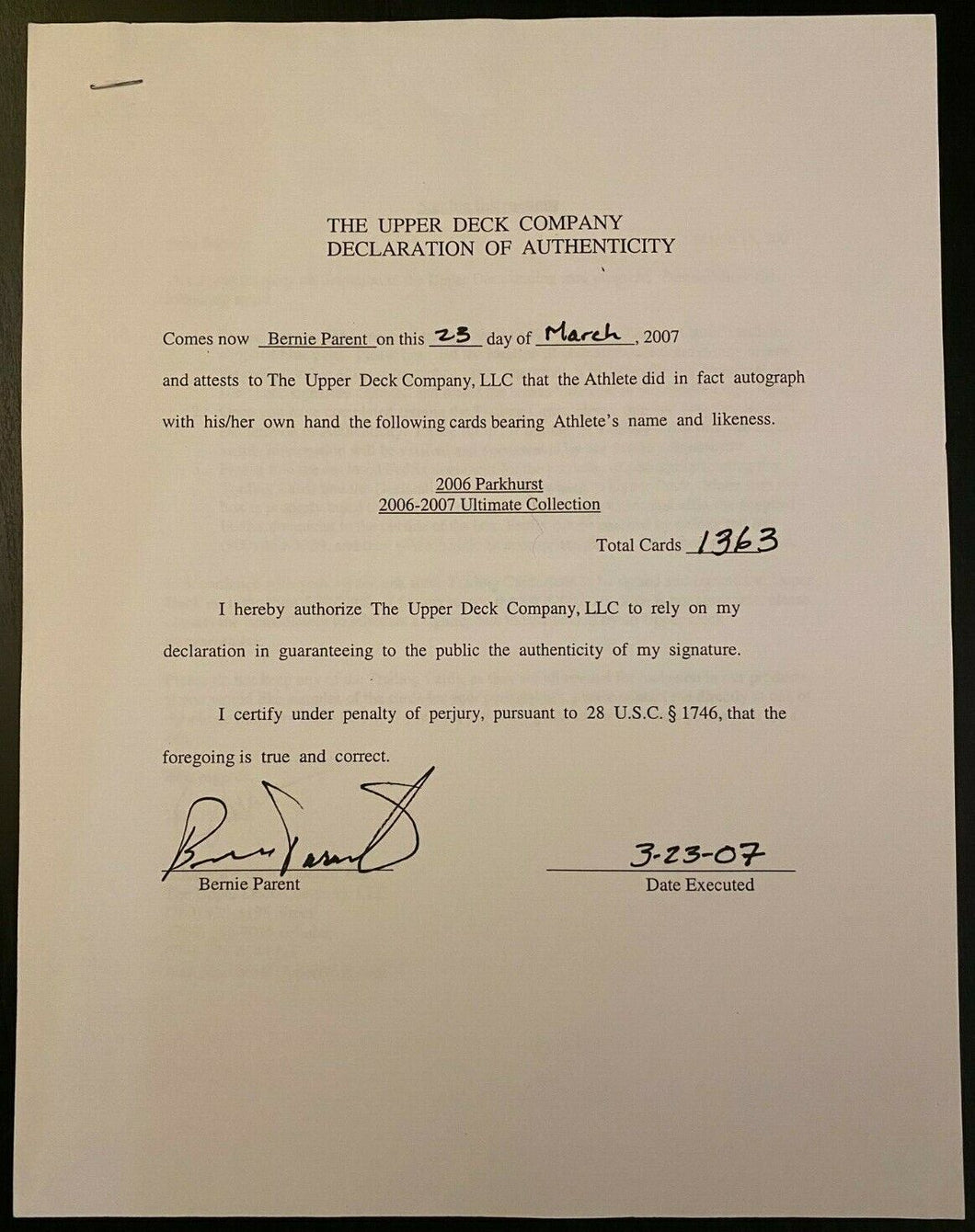 2007 NHL Hockey Signed Contract HOFer Bernie Parent Autographed Upper Deck