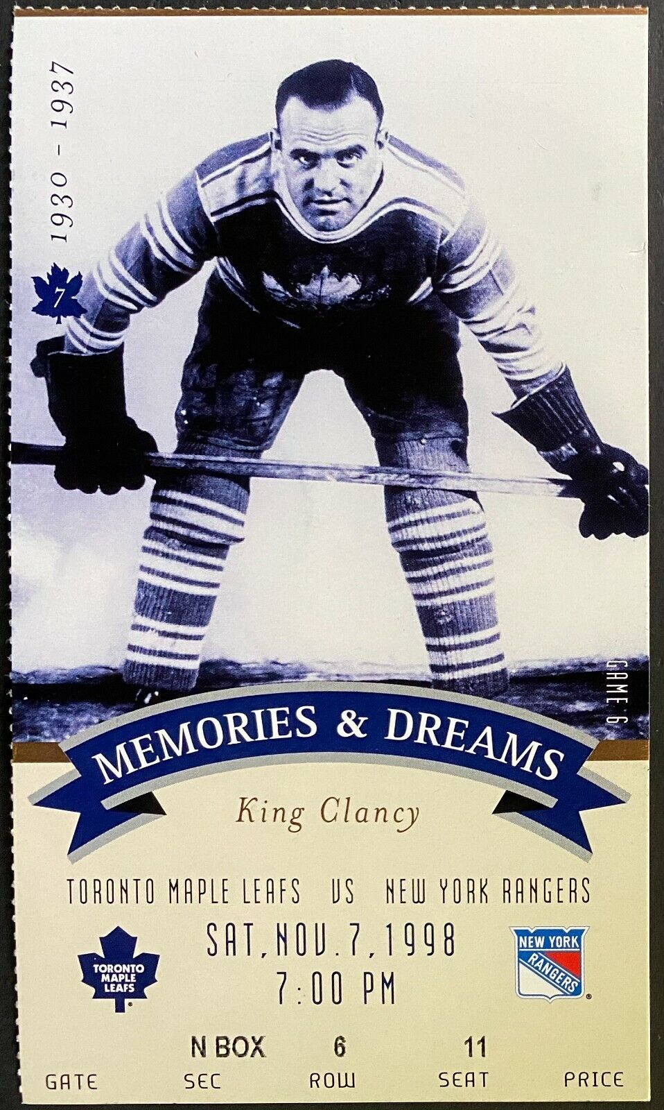 1998 NHL Hockey Final MLG Season Toronto Maple Leafs Rangers Ticket King Clancy