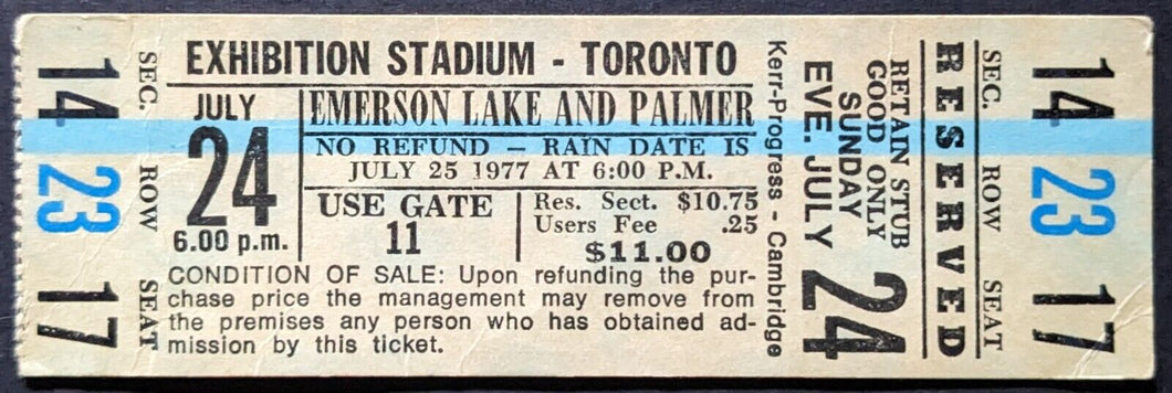 1977 Emerson Lake and Palmer + Journey Rock Concert Full Ticket CNE Toronto