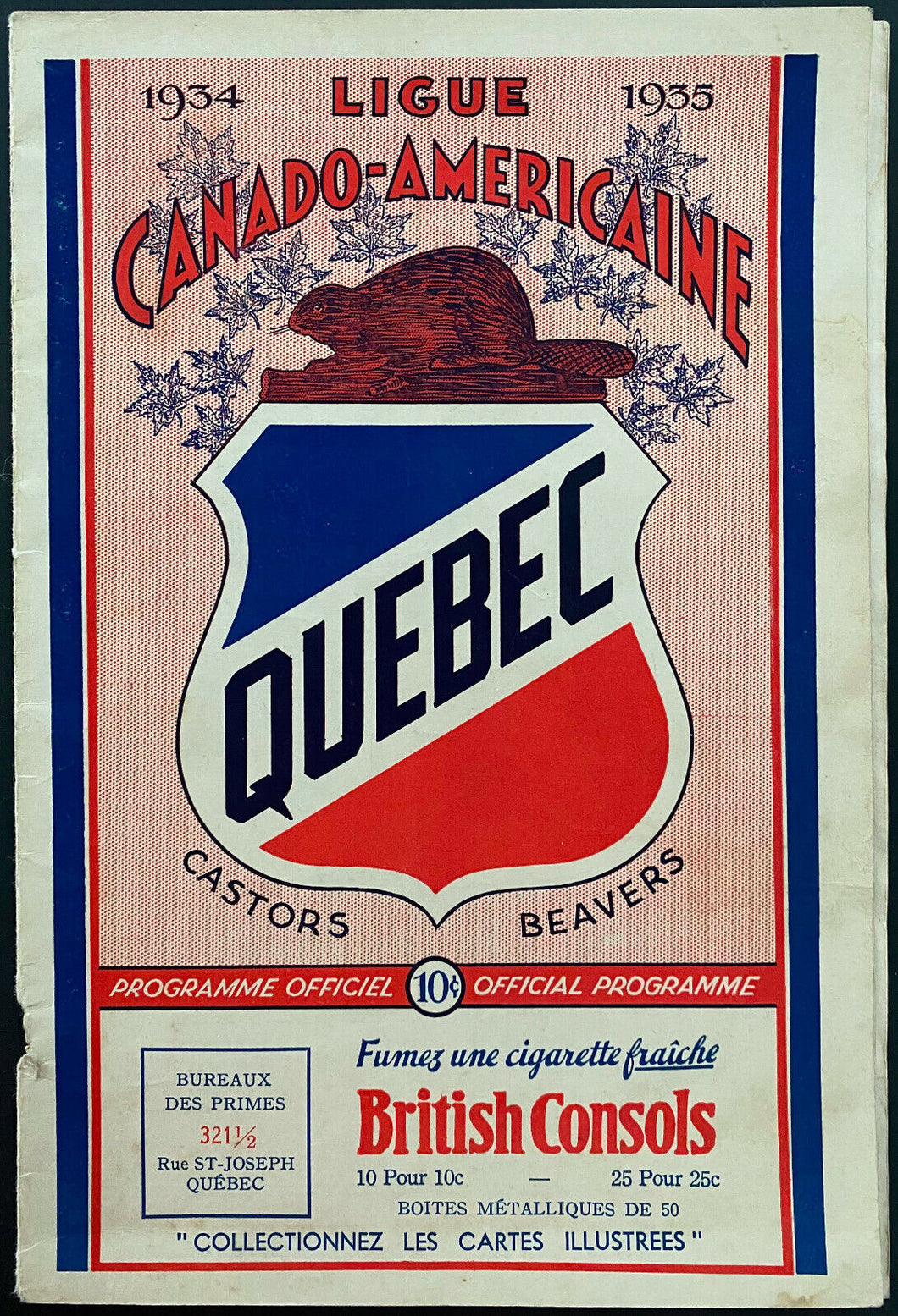 1935 Can-Am League Hockey Program Quebec Beavers vs Philadelphia Arrows