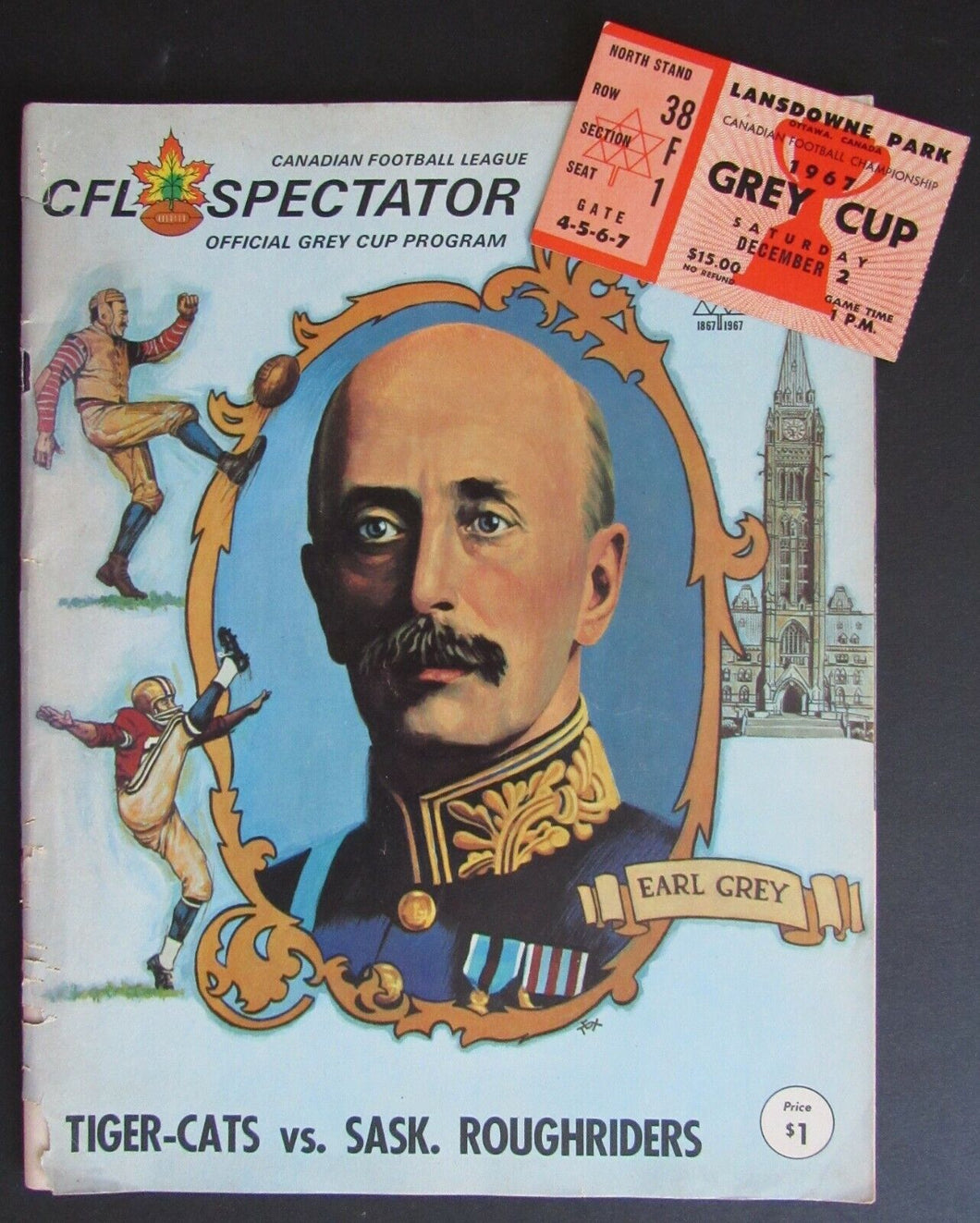1967 Lansdowne Park Grey Cup Program + Ticket Tiger Cats vs Sask Roughriders CFL