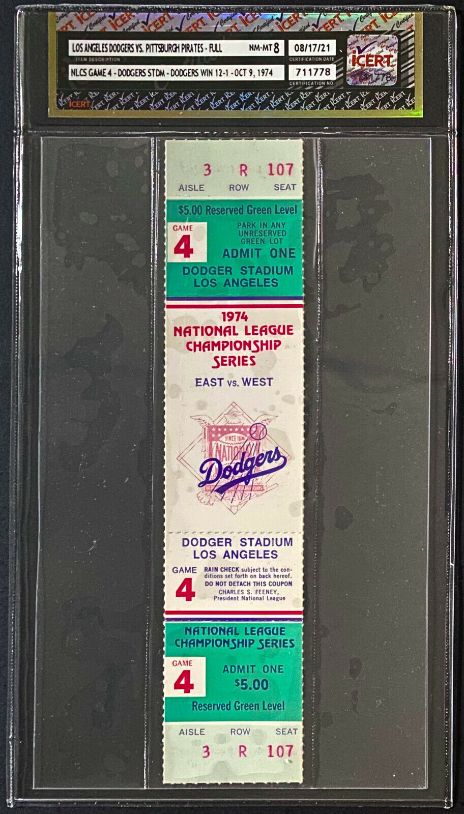 1974 NLCS Full Ticket Game 4 Series Clincher Dodgers Stadium icert NM-MT 8 Rare