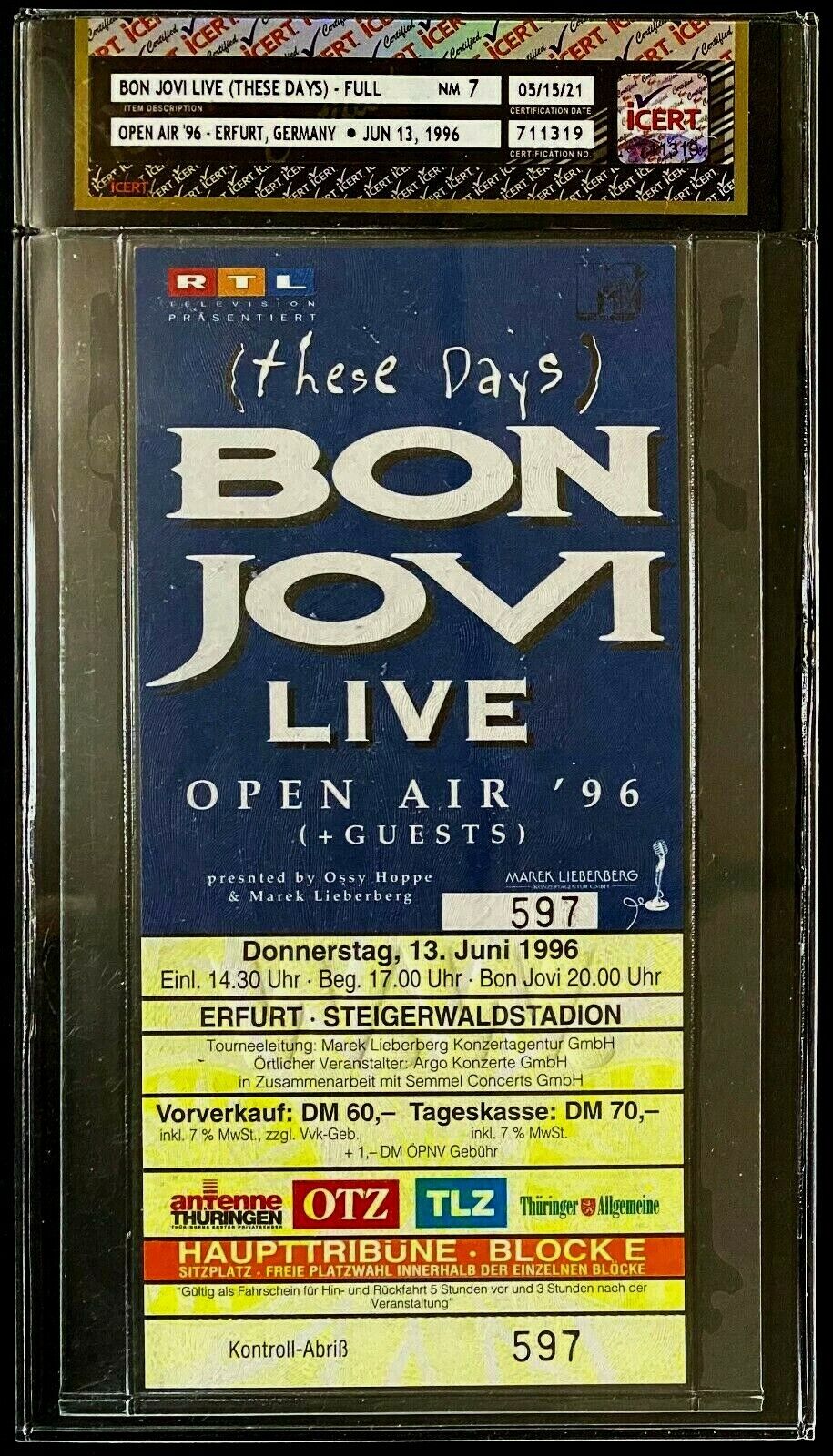 1996 Vintage Bon Jovi These Days Open Air Concert Ticket Erfurt Germany Graded