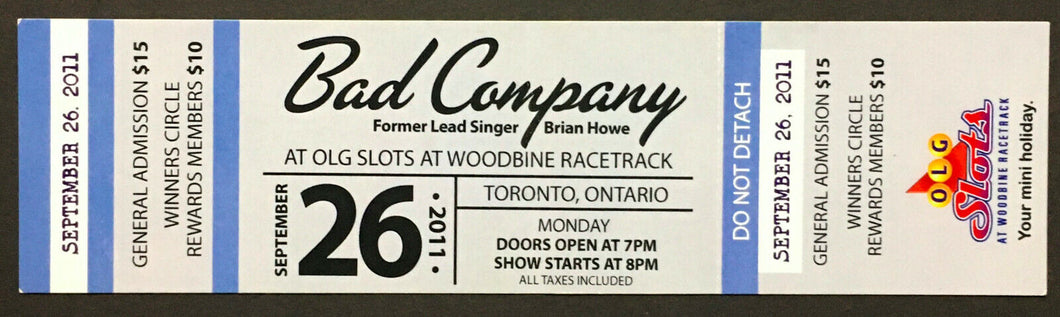 2011 Bad Company Unused Concert Ticket Toronto Woodbine Racetrack Brian Howe