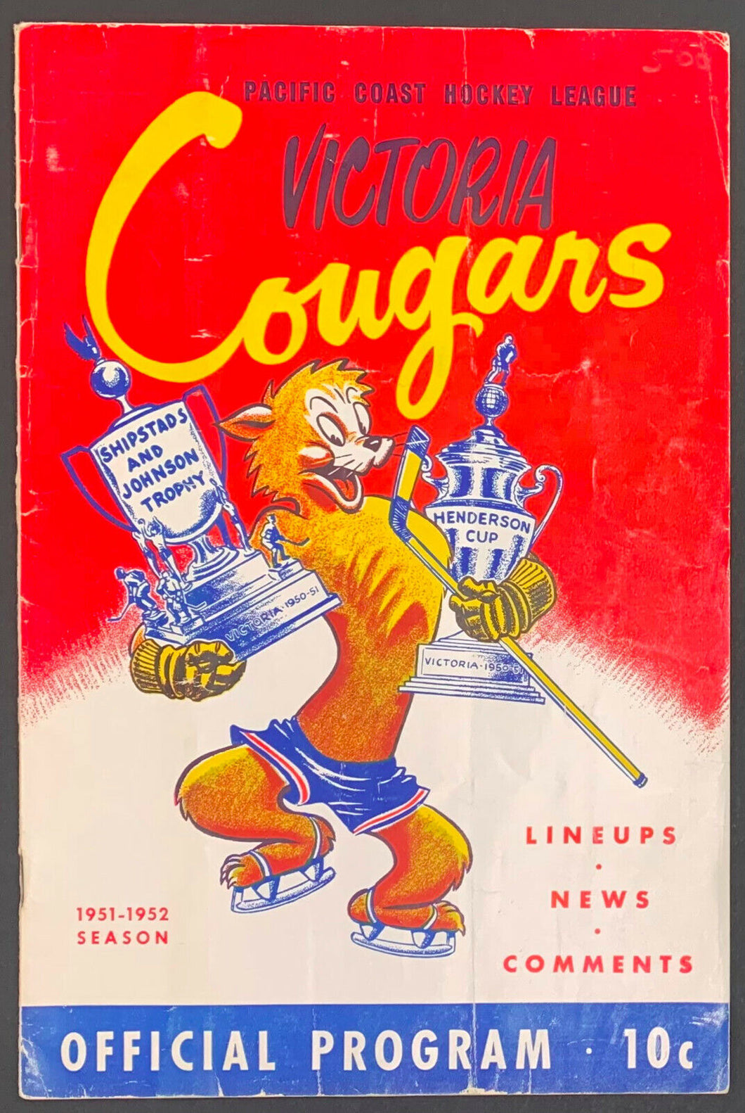 1952 Victoria Memorial Arena Pacific Coast Hockey League Playoff Program Cougars
