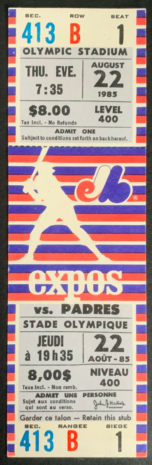1985 Montreal Expos Full Ticket Olympic Stadium vs San Diego Padres MLB