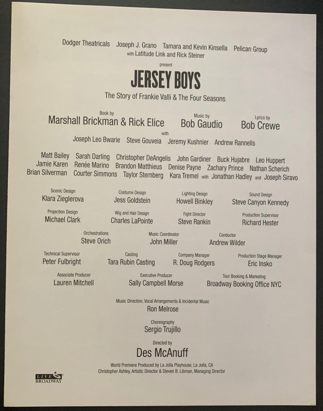 2006 Jersey Boys Theatrical Program + Cast Insert La Jolla Playhouse