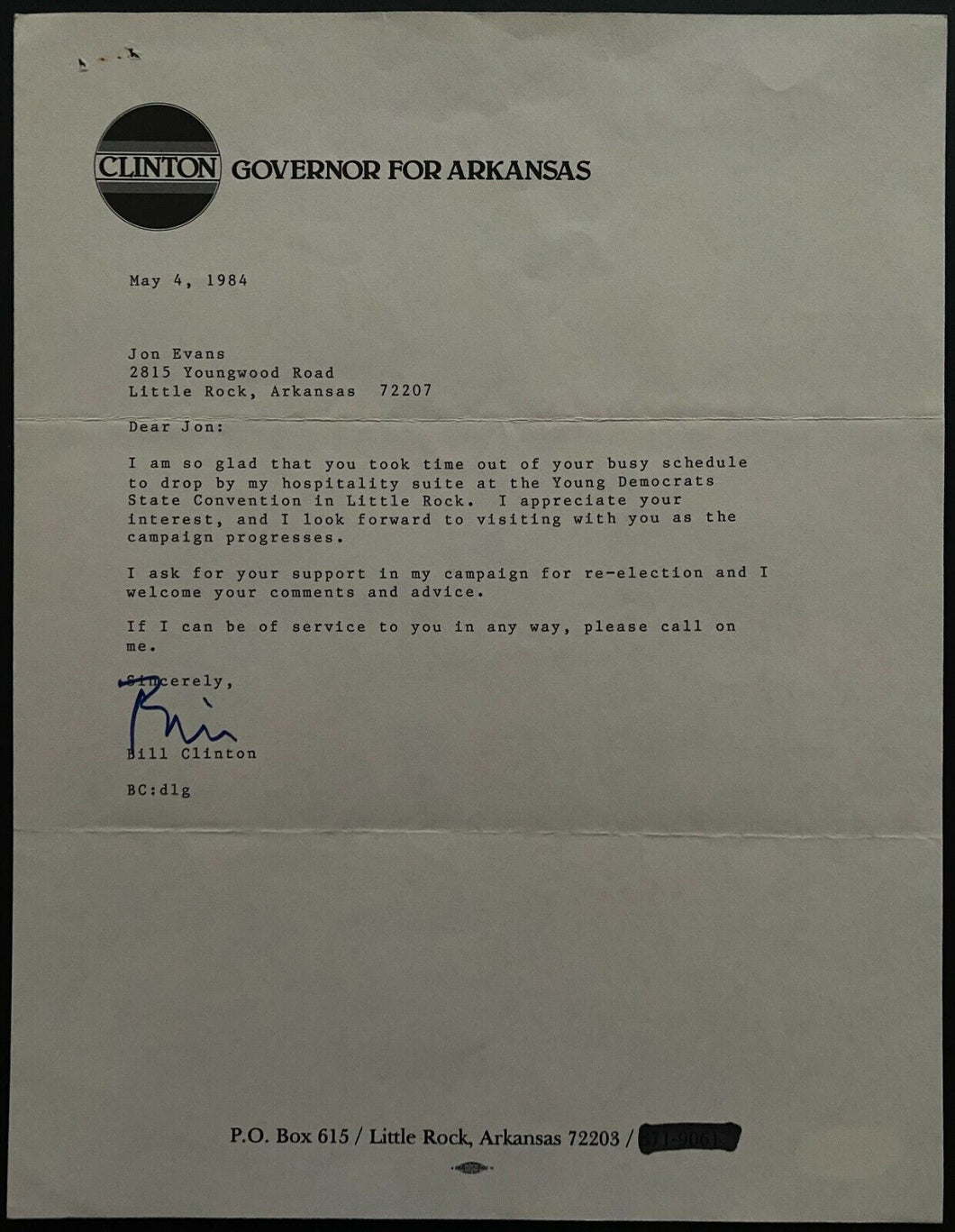 1984 Signed Letter President Bill Clinton Arkansas Governor Re-election JSA LOA