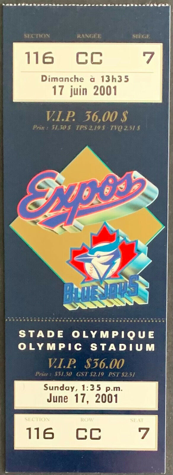 2001 Olympic Stadium Montreal MLB Baseball Ticket Toronto Blue Jays vs Expos