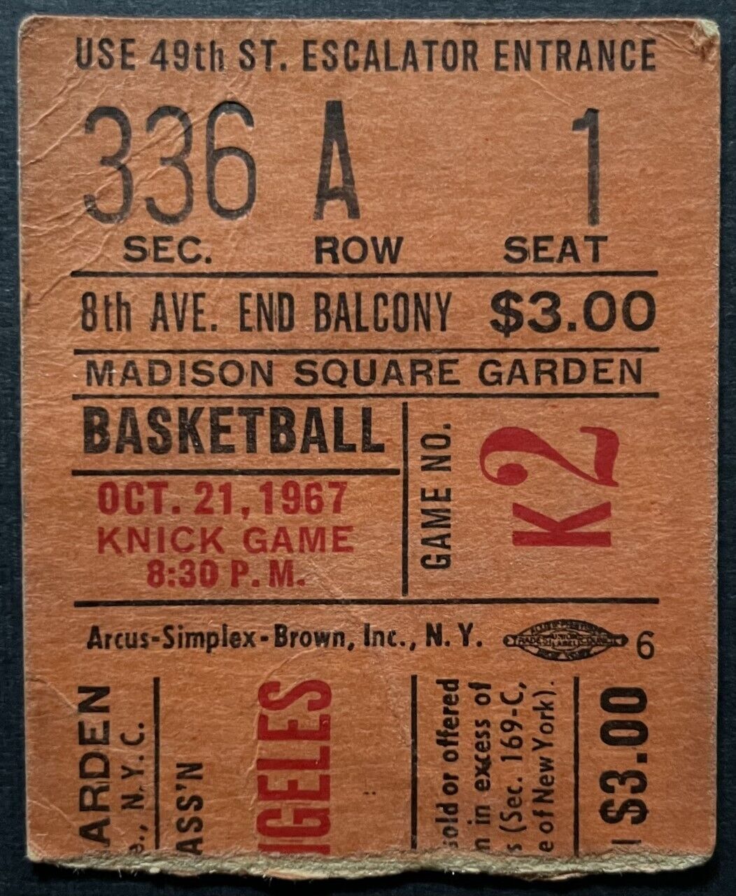 1967 Madison Square Garden NBA Basketball Ticket New York Knicks vs LA Lakers