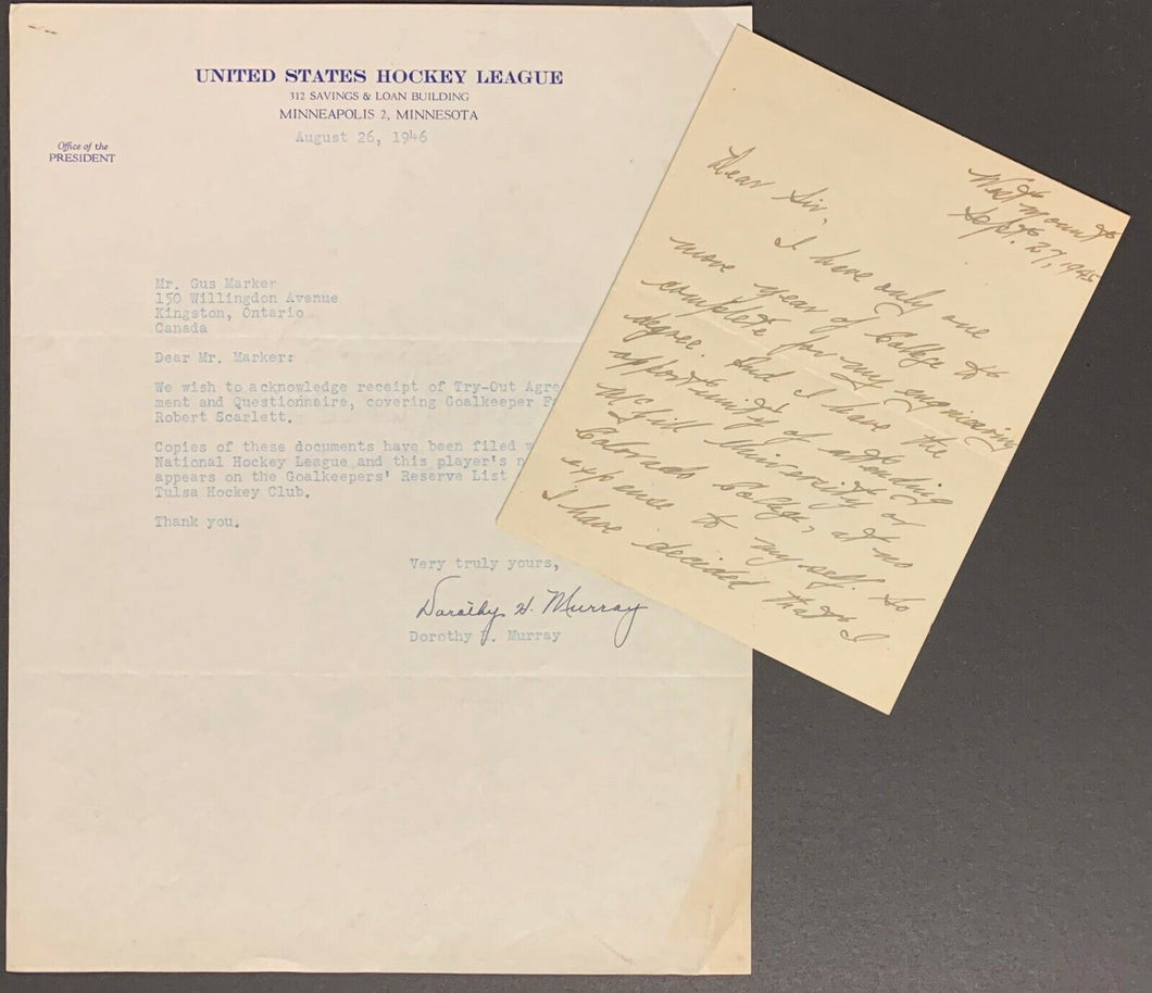 1946 USHL Letter to Tulsa Oilers GM / Former NHLer Gus Marker Goalie Tryout