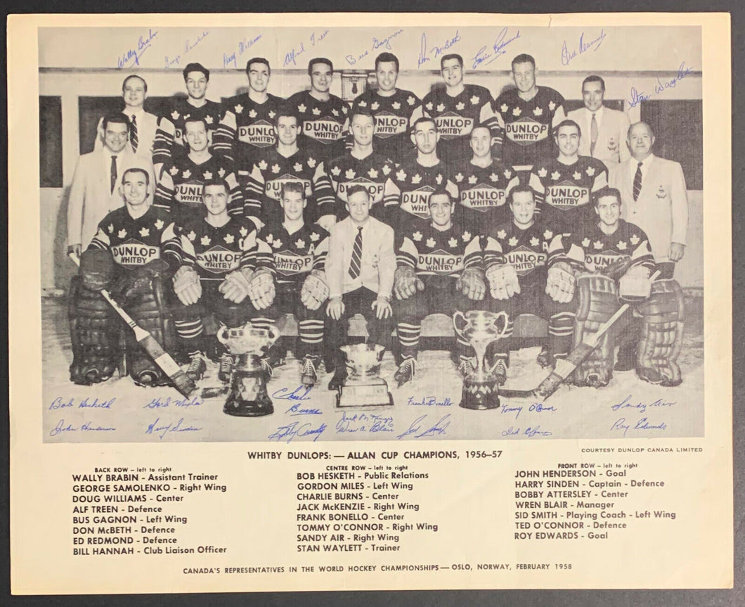 1957 Whitby Dunlops Allan Cup Champions Team Issued Photo Facsimile Signed