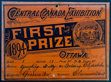 Load image into Gallery viewer, 1894 Ottawa Central Canadian Exhibition First Prize Award Horse Show Canada
