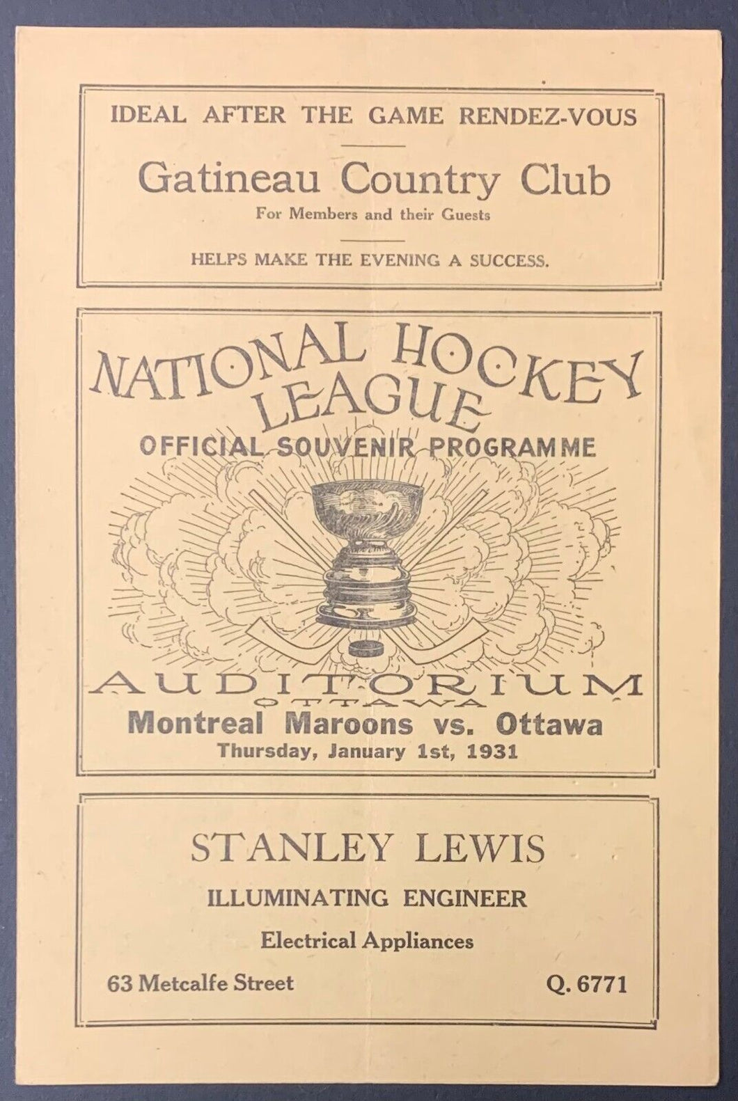 1931 Ottawa Auditorium Hockey Program Montreal Maroons vs Senators Babe Siebert