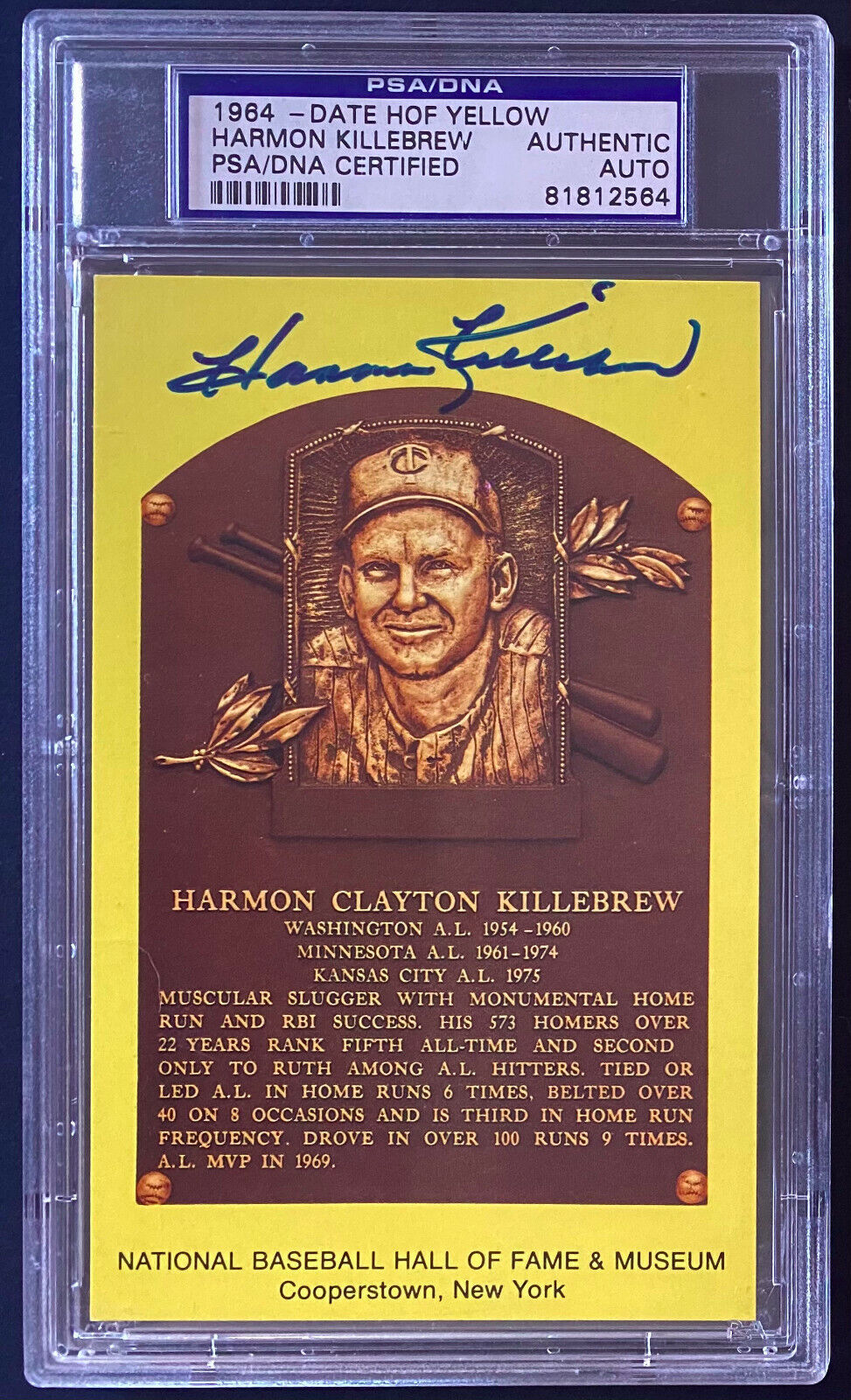 1964 Cooperstown Baseball HOF Plaque Post Card Signed Harmon Killebrew PSA/DNA