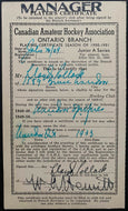 1950 Windsor Spitfires OHA Hockey Manager Player's Certificate Vintage