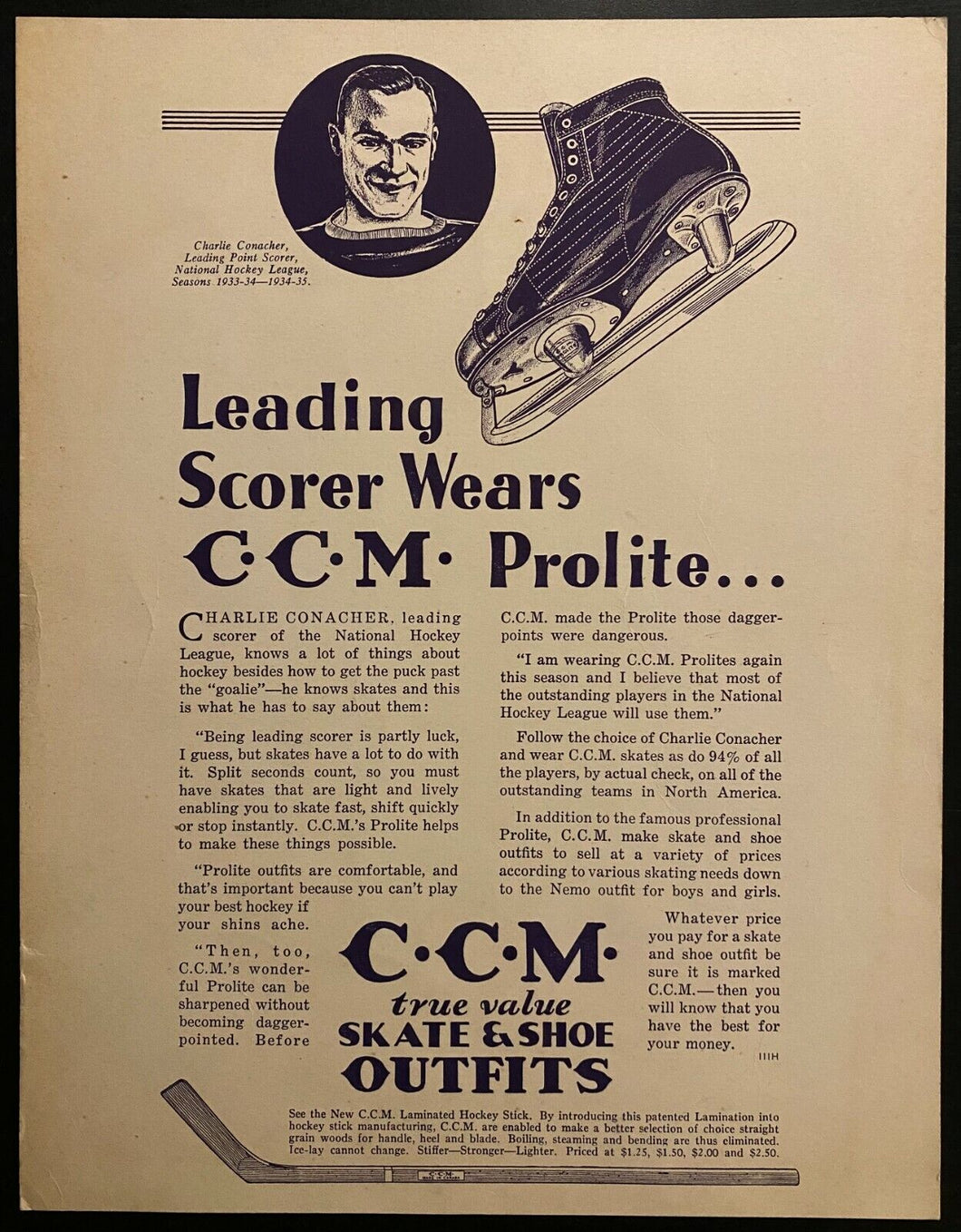 1930s NHL Hockey HOFer Charlie Conacher CCM Advertisement Vintage Advertising