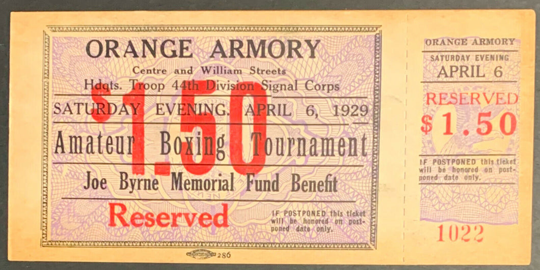 1929 Boxing Ticket Orange Armory 44th Division Signal Corps Amateur Tournament