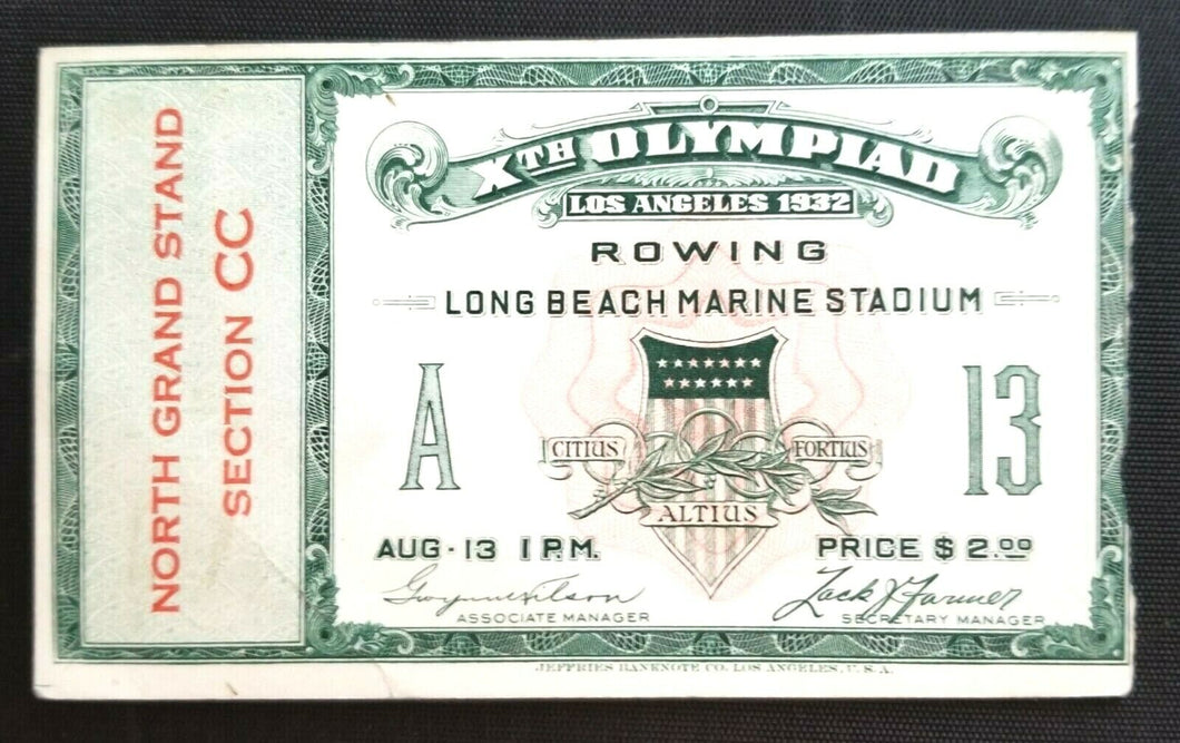 1932 Summer Olympics Los Angeles Rowing Ticket Vintage