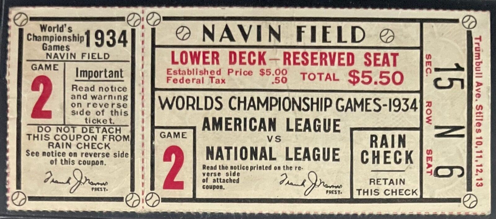 1934 World Series Game 2 Navin Field MLB Baseball Ticket Stub