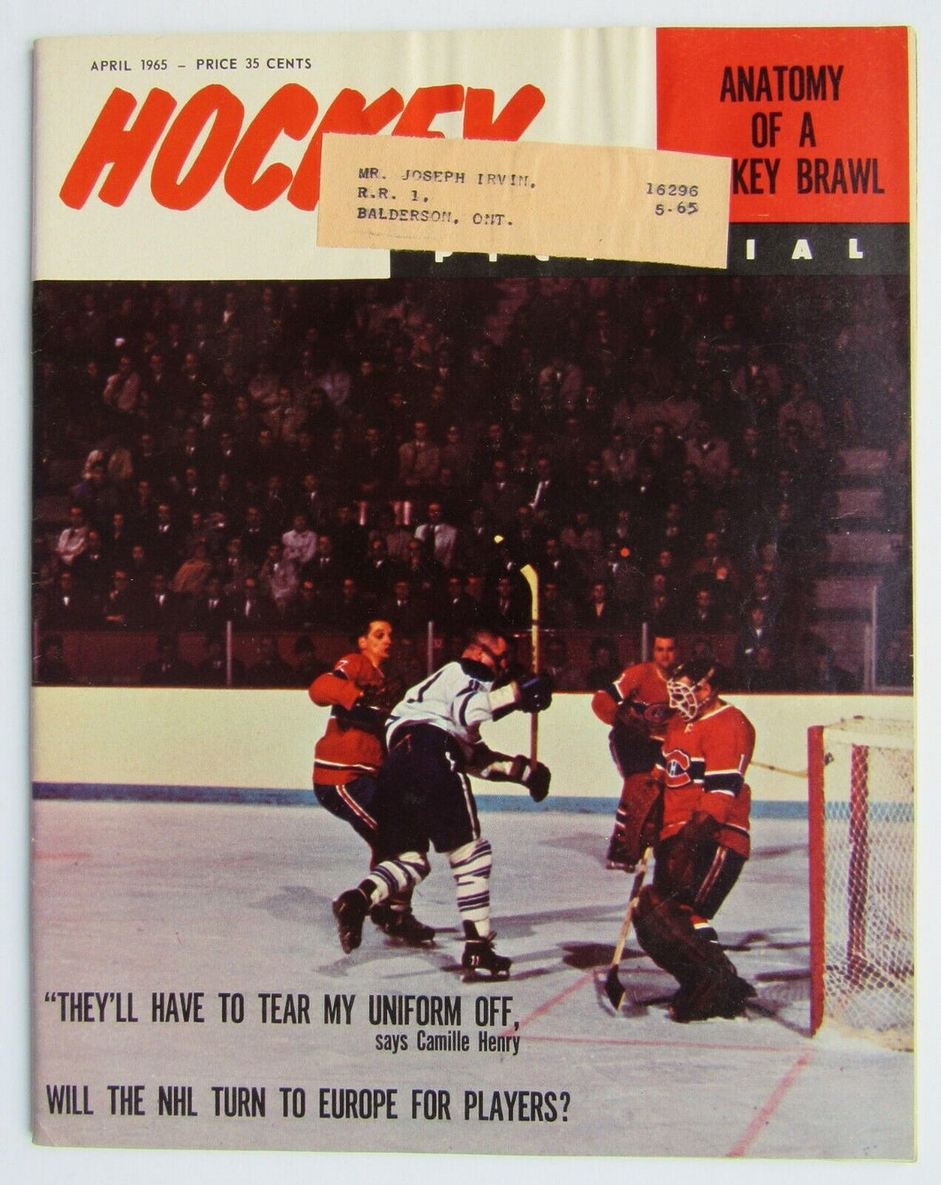1965 Hockey Pictorial Magazine - Ron Ellis & Charlie Hodge Front Cover NHL