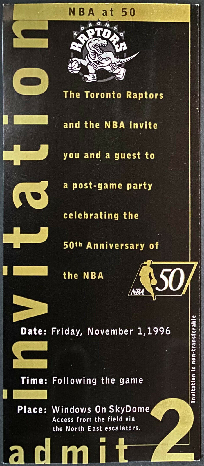 Post Game VIP Toronto Raptors Party Pass 50th Anniversary NBA Game vs Knicks