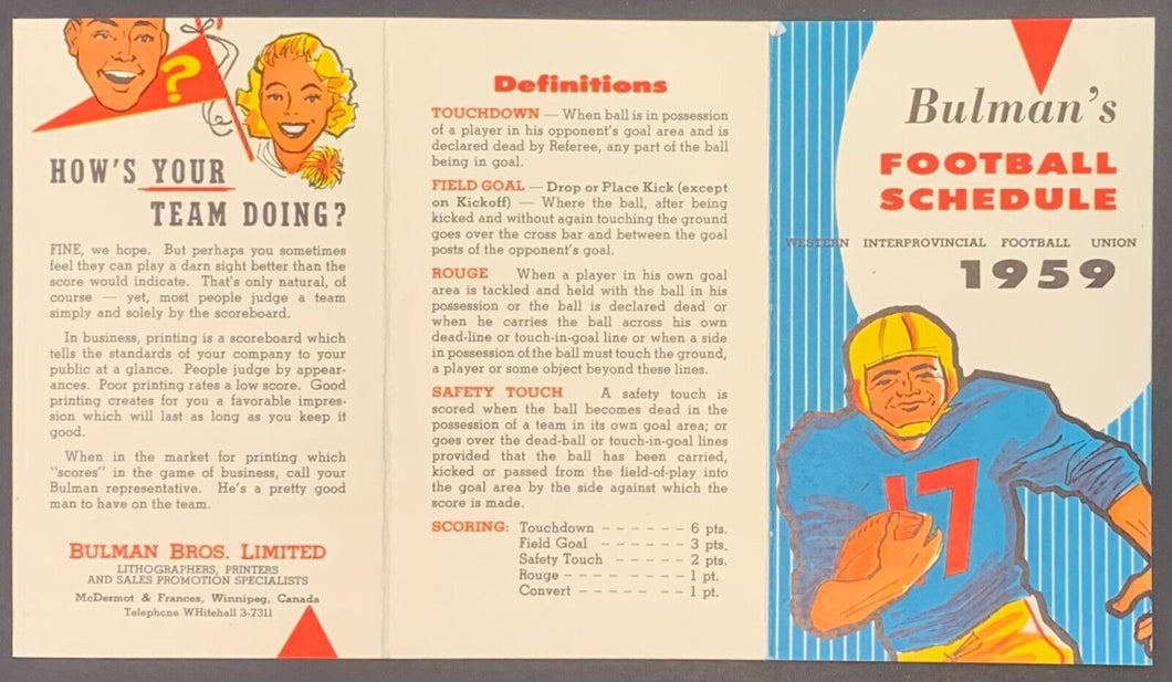 1959 Western Interprovincial Football Union Pocket Schedule Bulman's Bros LTD
