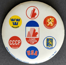 Load image into Gallery viewer, 1987 Canada Cup Pinback Team USA Sweden Finland Russia Czechoslovakia Hockey VTG
