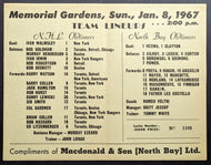 1967 Old Timers Game Scorecard North Bay Memorial Arena NHL Ice Hockey Vintage