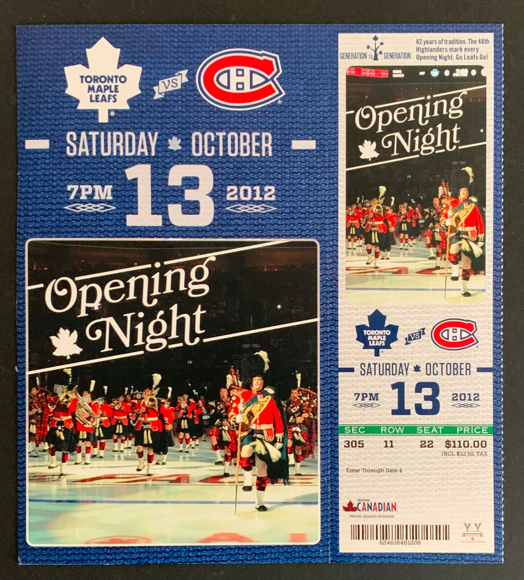 2012 Toronto Maple Leafs Full Ticket Opening Night 48th Highlanders NHL Hockey