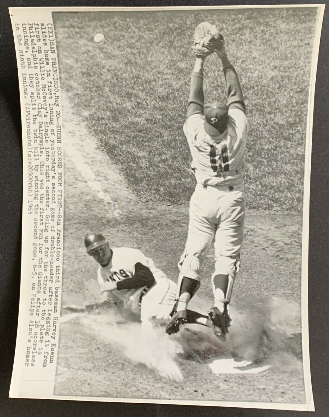 1963 Wire Photo Candlestick Park San Francisco Double Header Game Kuenn Scores