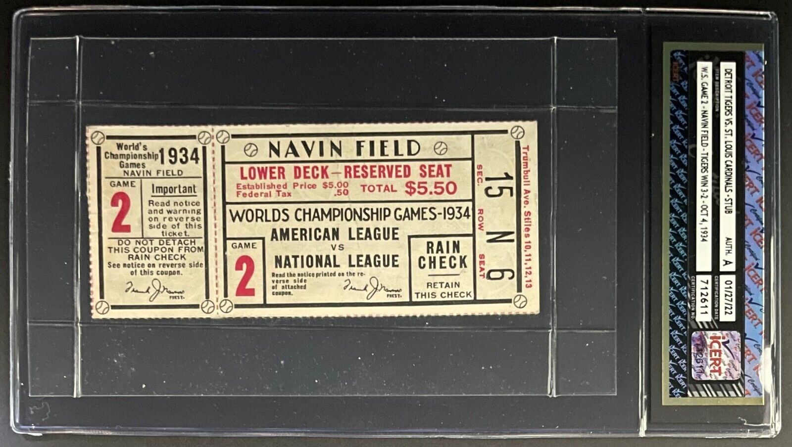 1934 World Series Game 2 Navin Field MLB Baseball Ticket Stub