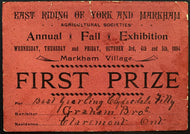 1894 Antique Markham Fair First Prize Card Exhibition Ontario Vintage