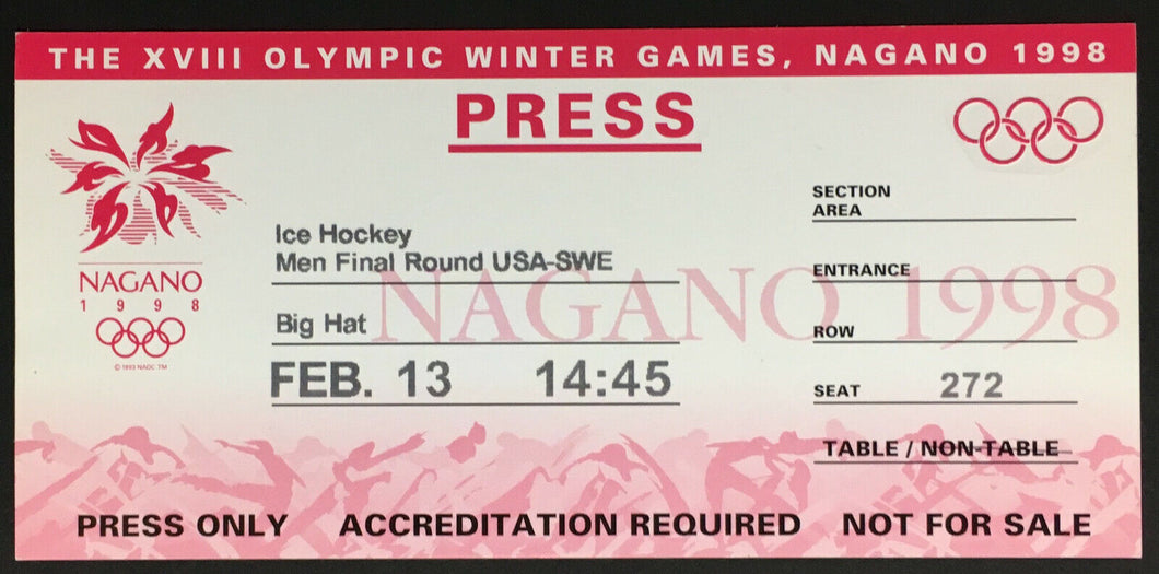 1998 Nagano Winter Olympics Mens Ice Hockey Press Ticket Finals USA vs Sweden