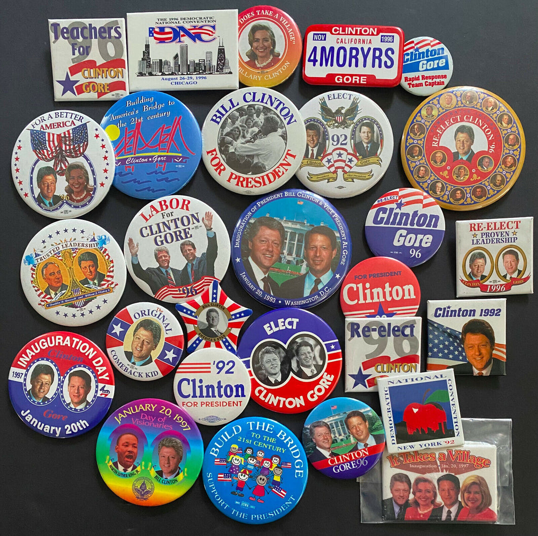 27 Different Bill Clinton + Al Gore Presidential Campaign Button / Pinback Lot