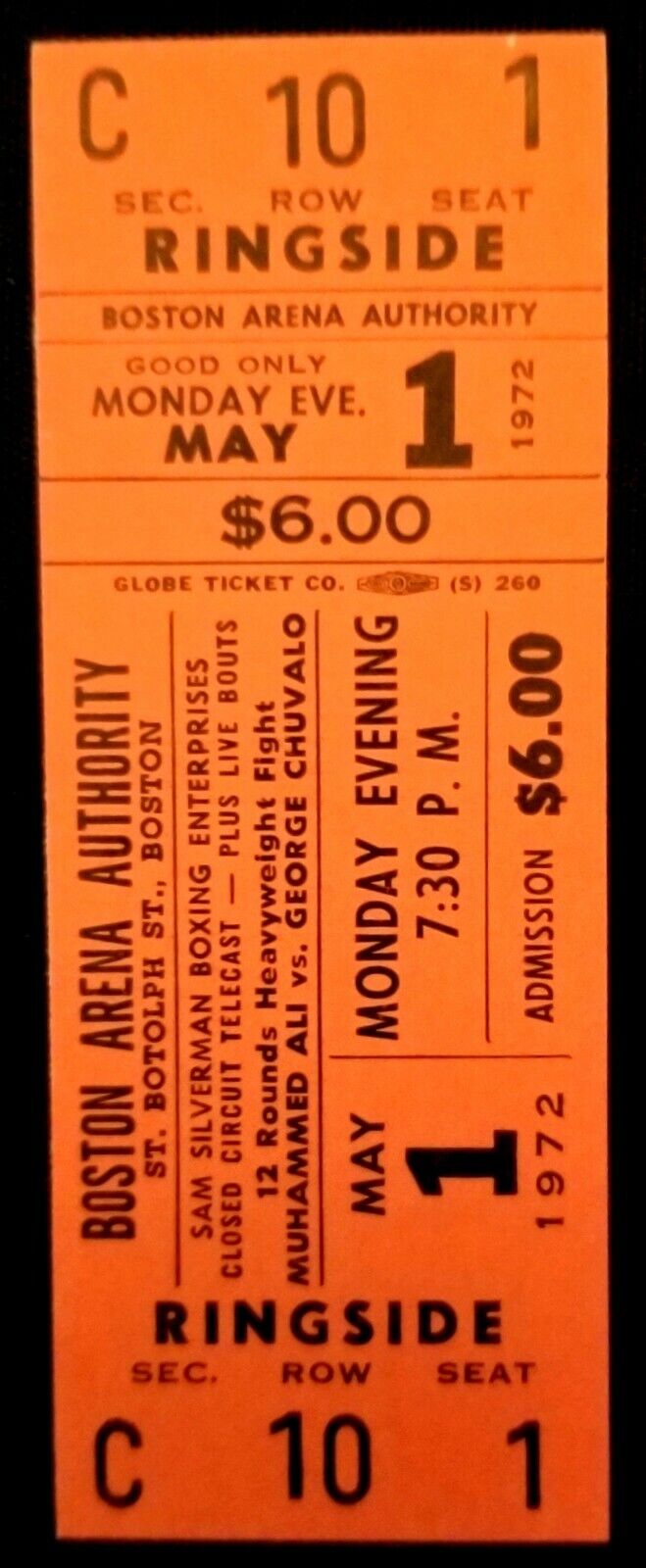 1972 Chuvalo v Muhammad Ali Heavyweight Boxing Closed Circuit Full Unused Ticket