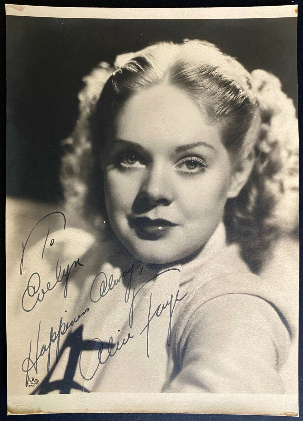 Vintage Signed Alice Faye 5x7 20th Century Fox Promotional Photo Autographed