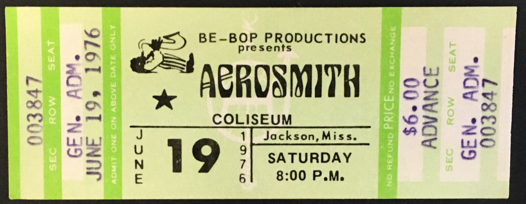 1976 Aerosmith Concert Ticket Jackson Coliseum Mississippi Music Steven Tyler