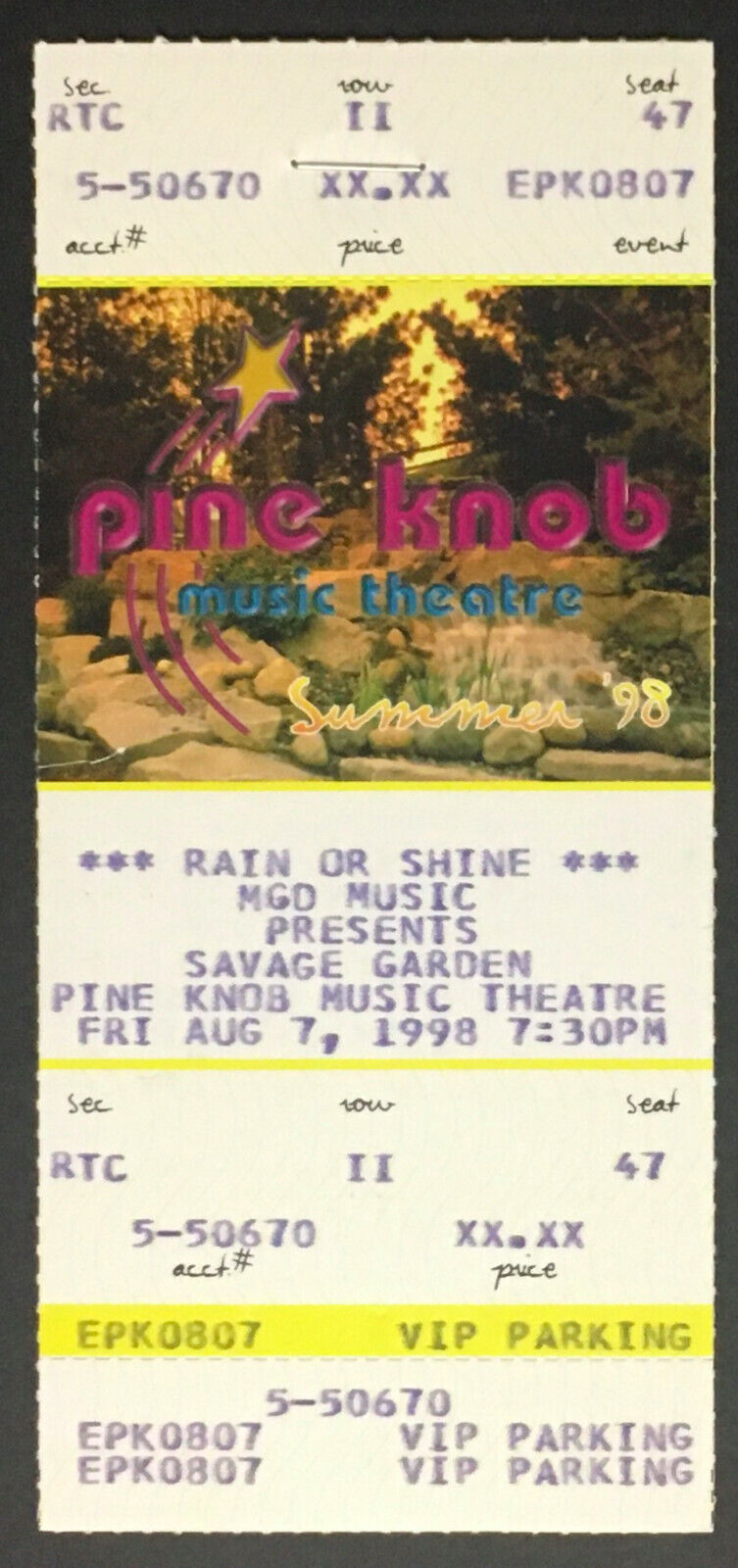 1998 Savage Garden Concert Ticket @ Pine Knob Music Theatre Vintage DTE Energy
