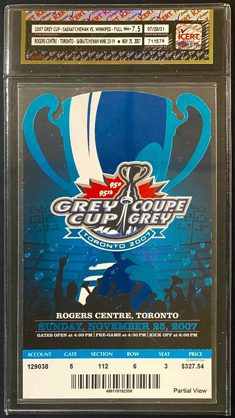 2007 CFL Grey Cup Ticket Stub Rogers Centre Saskatchewan vs Winnipeg icert NM7.5
