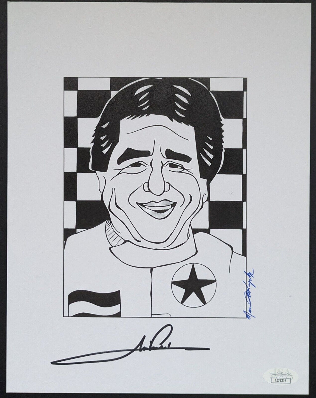 Mario Andretti Autographed Signed Caricature Print Racing NASCAR F1 JSA LOA