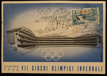 Load image into Gallery viewer, 1956 Winter Olympics Cortina Italy Postcard Ice Stadium Hockey Postmarked
