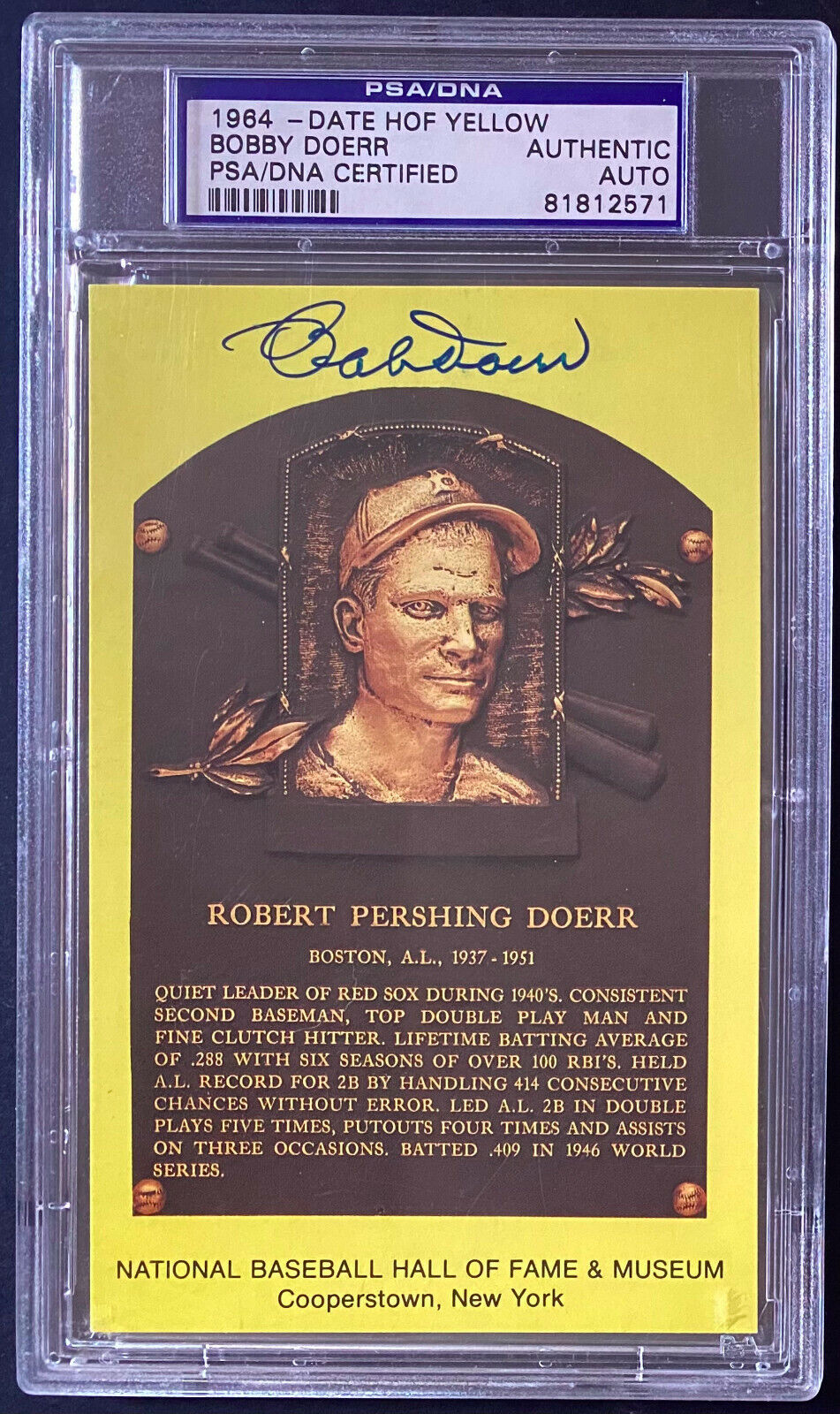 1964 Cooperstown Baseball HOF Plaque Post Card Signed Bobby Doerr PSA/DNA