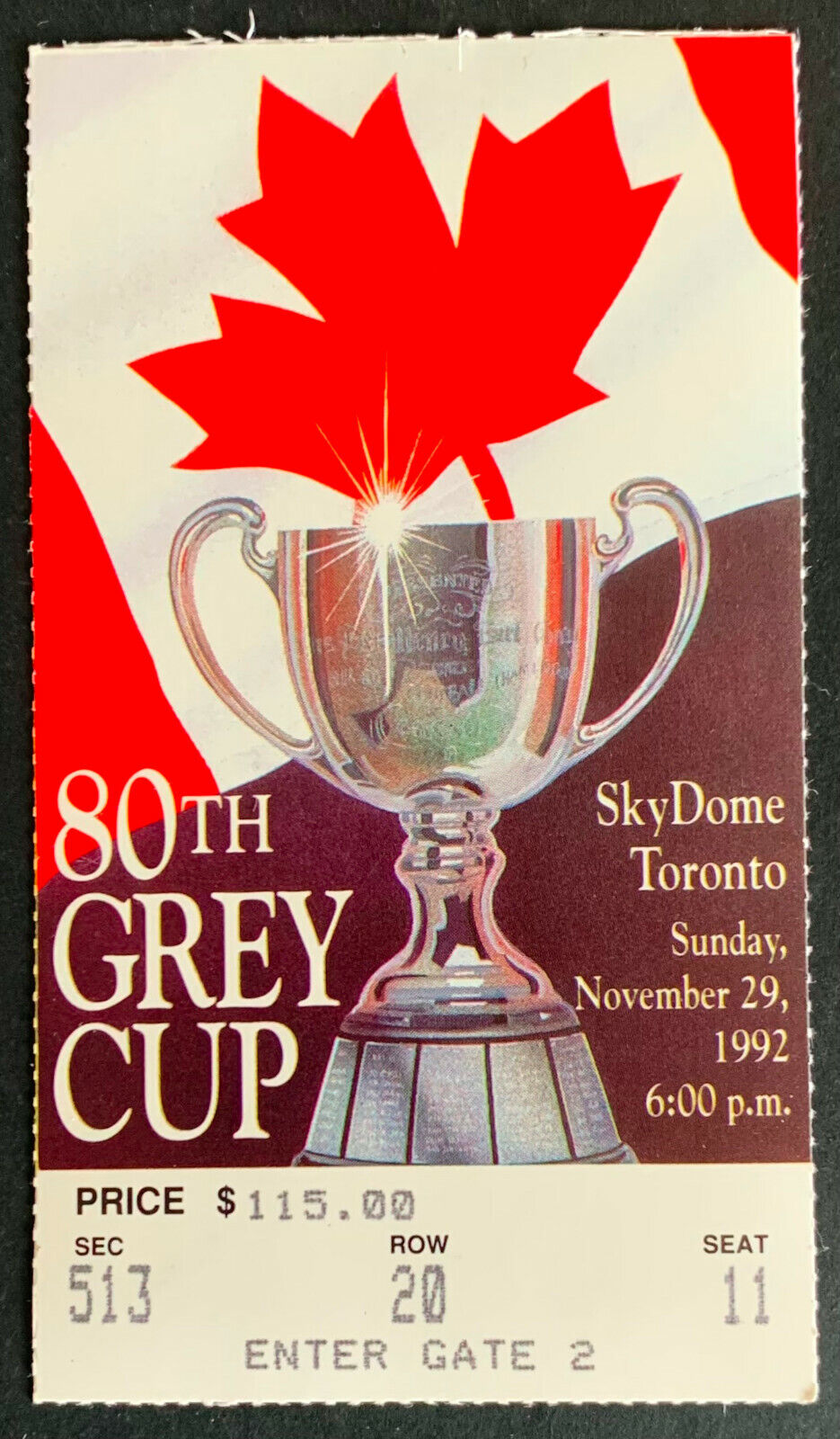 1992 CFL Grey Cup Ticket SkyDome Calgary Stampeders vs Winnipeg Blue Bombers